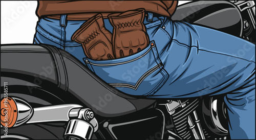 Rider's blue jeans with brown gloves tucked into the back pocket on a motorcycle