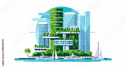 A futuristic eco-friendly city skyline with lush green architecture and yachts