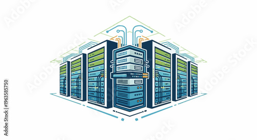 Rows of server racks with glowing blue and green lights and network connections