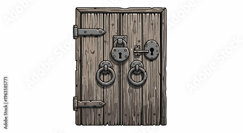 Rustic wooden double doors with antique iron hardware and locking mechanisms