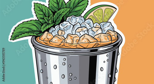 Refreshing beverage with crushed ice, mint, and a lime slice in a metal cup