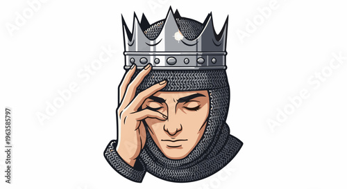 Sad king in chainmail with crown, hand on forehead