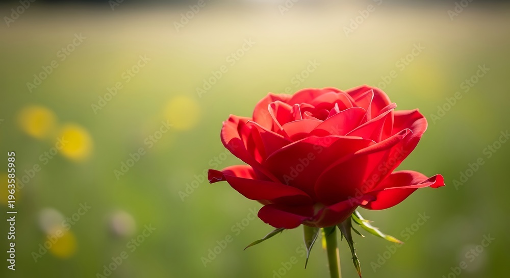 Fototapeta premium Radiant Red Rose Blooming in Sunlit Garden Beauty Nature Floral Symbol Delicate Petals Springtime Blossom