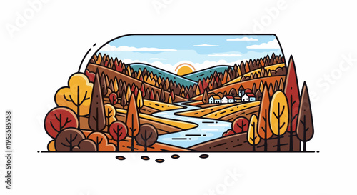 Stylized autumn valley with winding river, rolling hills and distant sunset