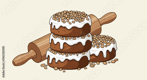 Stacked sweet cakes topped with nuts beside a wooden rolling pin
