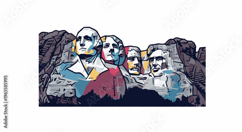 Stylized carving of four presidents' faces in a mountainside with abstract color blocks