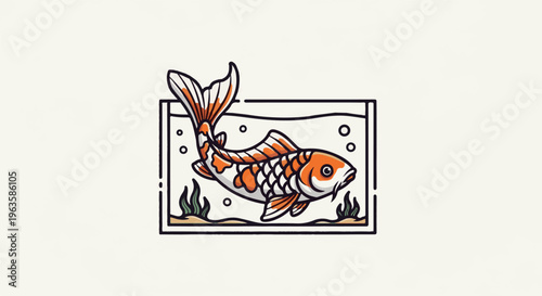Stylized orange and white koi fish swims in a simple rectangle tank with plants