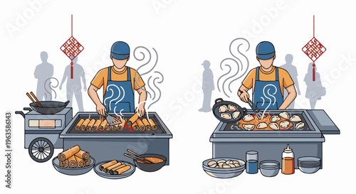 Two street vendors prepare hot, delicious food for hungry passersby