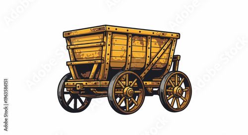 Vintage wooden cart with four spoked wheels, isolated on white