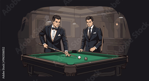 Two men in formal wear playing billiards in a dimly lit room