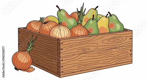 Wooden crate overflowing with ripe onions and fresh green pears