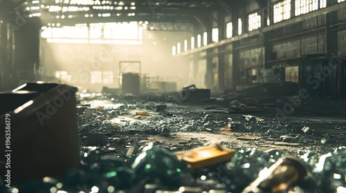 Sunlight streams through a vast abandoned factory interior filled with broken glass and scattered debris