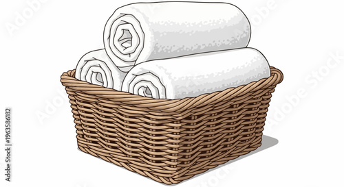 Woven basket filled with neatly rolled white towels