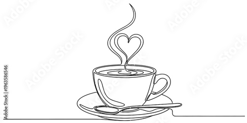 A continuous line drawing of a steaming cup of coffee with a heart shaped vapor design element