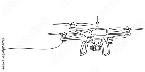 A single continuous line drawing of a modern quadcopter drone flying through the open air space