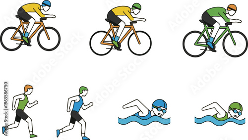 Collection of colorful cartoon icons depicting triathlon athletes swimming cycling and running. Vector, illustration,
The image is a set of color icons featuring athletes participating in a triathlon.