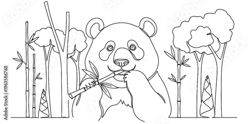 A detailed coloring page illustration of a cute giant panda eating a stalk of fresh green bamboo