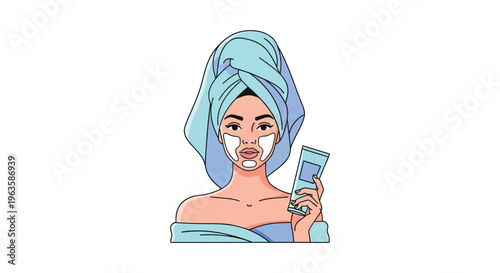 Cartoon woman with smartphone in bathroom towel on head and body in soft pastel colors for beauty and skincare advertising