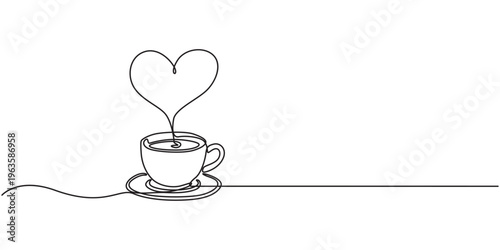 Self drawing line Coffee or tea cup with heart continuous one single line drawn concept video, Full length one line of cup of coffee with heart shape, Minimalist style single line.