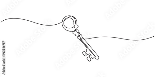 Continuous one line drawing of a house with a key, Set of keys against white background, Single line drawing symbol of house keys, Real estate line icon vector design, Key icon. Vector illustration