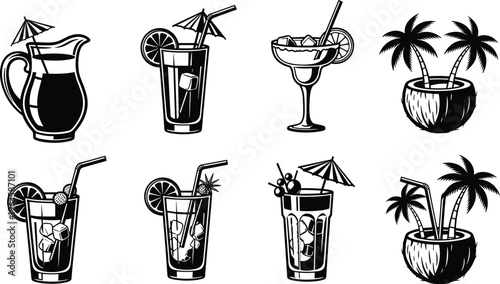 Collection of black and white tropical cocktail icons and pitcher on white background Keywords: tropical, cocktail, drink