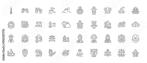 Collection of 36 line icons depicting various travel destinations and landmarks worldwide