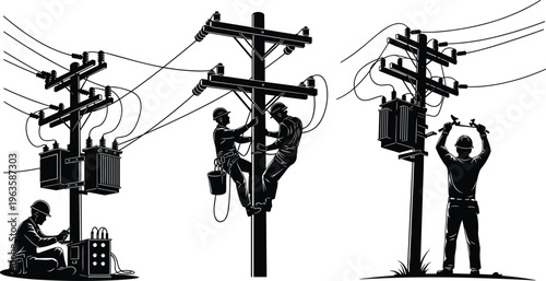 Electricians Working on Power Lines and Transformers Silhouettes electricity utility workers