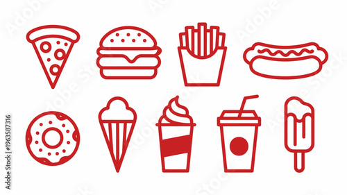 A collection of red line art icons depicts various fast foods and sweet treats including pizza burgers and ice cream high quality professional detailed modern elegant