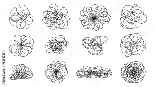 An arrangement of abstract black linear designs reminiscent of floral or organic forms fills the frame set against a clean white background high quality professional detailed