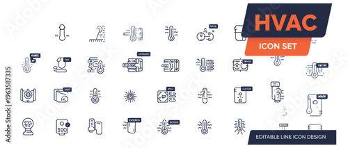 HVAC system icons set for heating, ventilation, and air conditioning industry professionals and designers