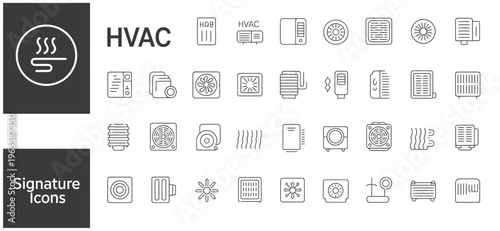 HVAC system icons set including heating, ventilation, and air conditioning symbols
