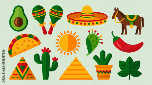 A vibrant collection of colorful mexican themed icons including food instruments and cultural symbols on a pale green background high quality professional detailed modern elegant stylish
