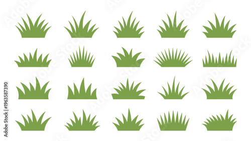 A collection of various green grass tufts are arranged in a grid pattern on a clean white background showcasing different styles high quality professional detailed modern
