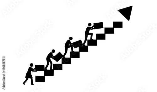 Canvas-taulu A dedicated team of four silhouettes actively collaborates to construct a rising staircase with blocks, leading steadily towards a definitive upward-pointing arrow against a pure white backdrop