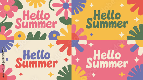 A vibrant colorful illustration displays the phrase hello summer repeated four times framed by stylized flowers and scattered star shapes high quality professional detailed modern elegant