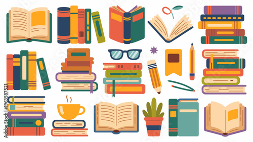 A colorful arrangement of open and stacked books is displayed alongside stationery plants and a mug of coffee high quality professional detailed modern elegant stylish clean