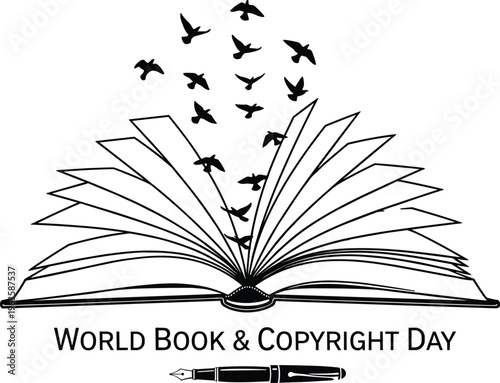 Open book with birds flying out and fountain pen below World Book Day text Keywords: book, open book, birds, flying, freedom