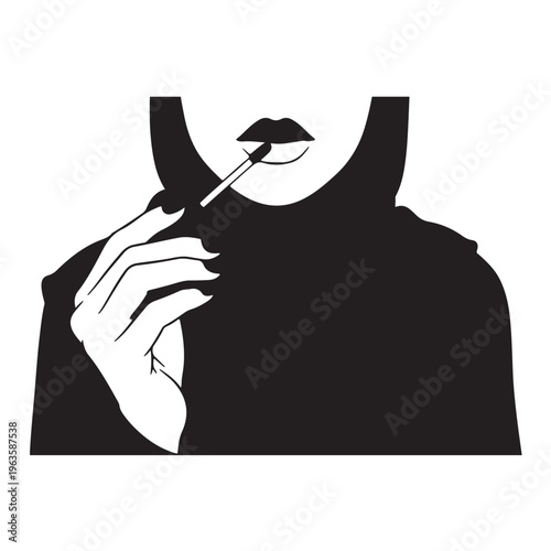 A minimalistic black and white illustration of a woman applying lipstick with precision.