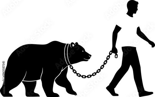 Silhouette of person walking with bear on chain, unusual concept, animal control, dominance, power, wildlife illustration, isolated vector design