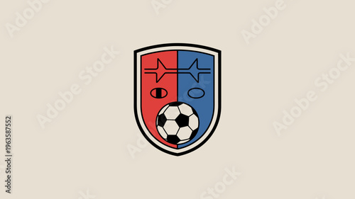 A shield shaped emblem features a soccer ball at the bottom and a divided upper section with abstract star like designs high quality professional detailed modern
