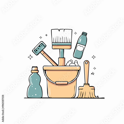 Cleaning supplies in a bucket.