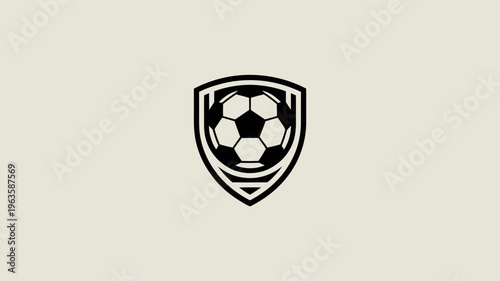 A graphic illustration depicts a soccer ball centered within a shield shaped emblem presented in a striking black and white color scheme high quality professional detailed