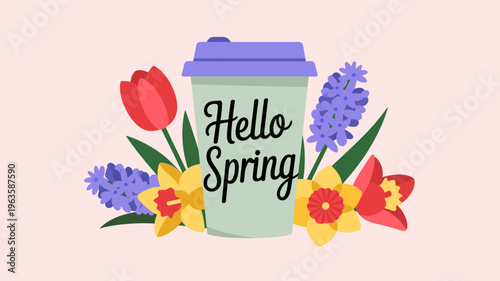 A pastel illustration features a mint colored coffee cup with hello spring written on it surrounded by vibrant spring flowers high quality professional detailed modern elegant