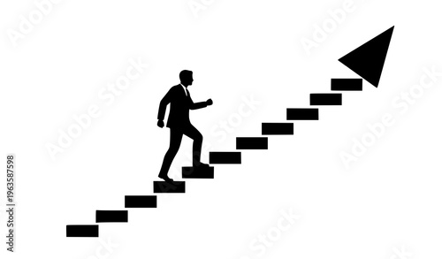 Schilderij op canvas A focused businessman steadily ascends a flight of stairs that seamlessly transforms into an upward-pointing arrow, depicting a structured and progressive path towards business success