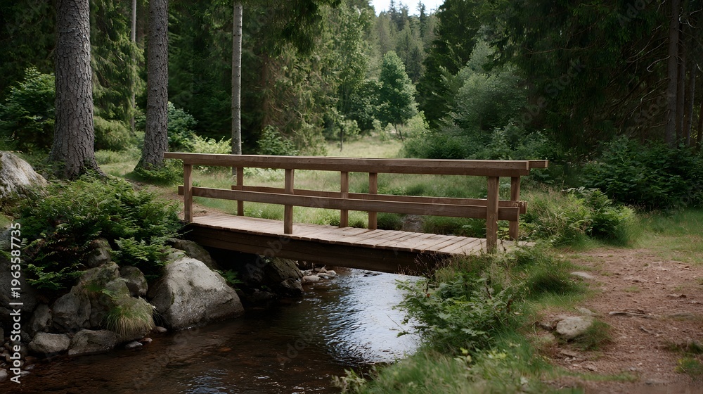 Fototapeta premium A rustic wooden bridge crosses a clear stream in a lush green forest