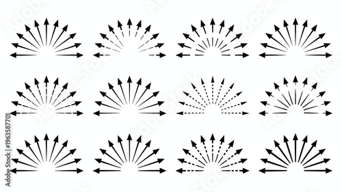 A collection of twelve black starburst shapes are arranged in a four by three grid on a plain white background high quality professional detailed modern elegant
