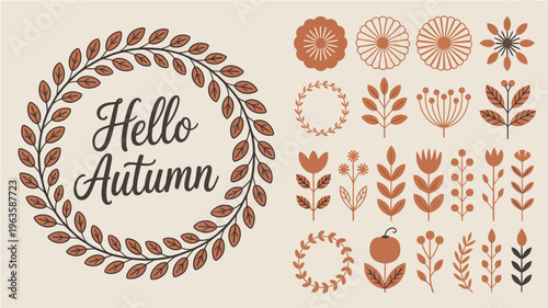 An autumnal illustration features a wreath and various floral elements accompanied by the handwritten text hello autumn in cursive high quality professional detailed modern elegant stylish