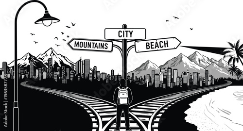 Person at Crossroads Signpost Choosing Between City Mountains and Beach Keywords: crossroads, decision, choice, direction