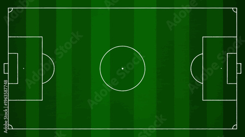 An overhead view of a soccer field with green and white stripes showcasing the center circle and penalty areas high quality professional detailed modern elegant stylish