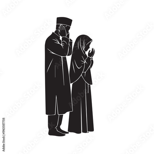 A devout Muslim couple stands raising their hands in a gesture of supplication or prayer.